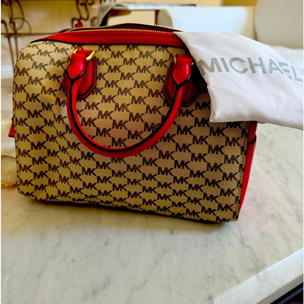 Michael Kors Tan Logo with Red Accents. Never Used.